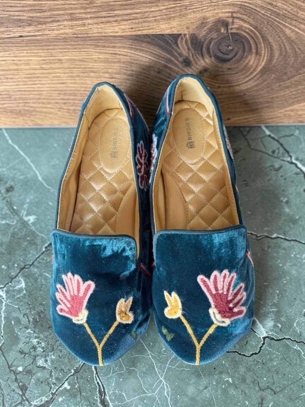 Birdies Starling Embroidered Flat Blue Flat Velvet W 11 Teal Blue Flora Velvet - Picture 6 of 16